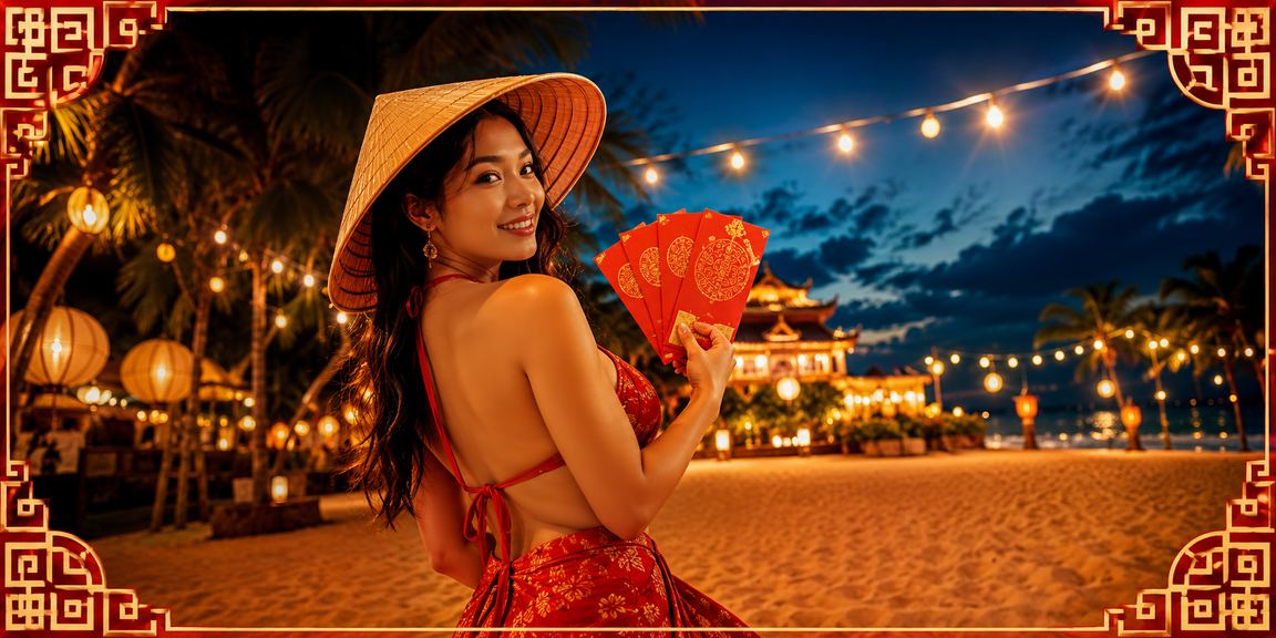 Phong bì đỏ và nón lá tượng trưng cho tiền thưởng mùa lễ hội tại Huế