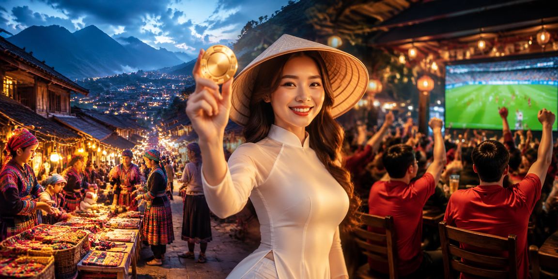 Cảnh Sapa với người dùng đội nón lá trải nghiệm casino trên thiết bị di động giữa thiên nhiên